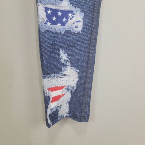 Dren Designs Faux Distressed Denim‎ with American Flag Accents Leggings OS - Picture 5 of 6
